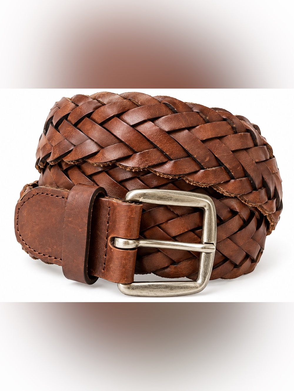 Vintage Genuine Leather Braided Woven Brown Belt Silver Buckle Size Medium